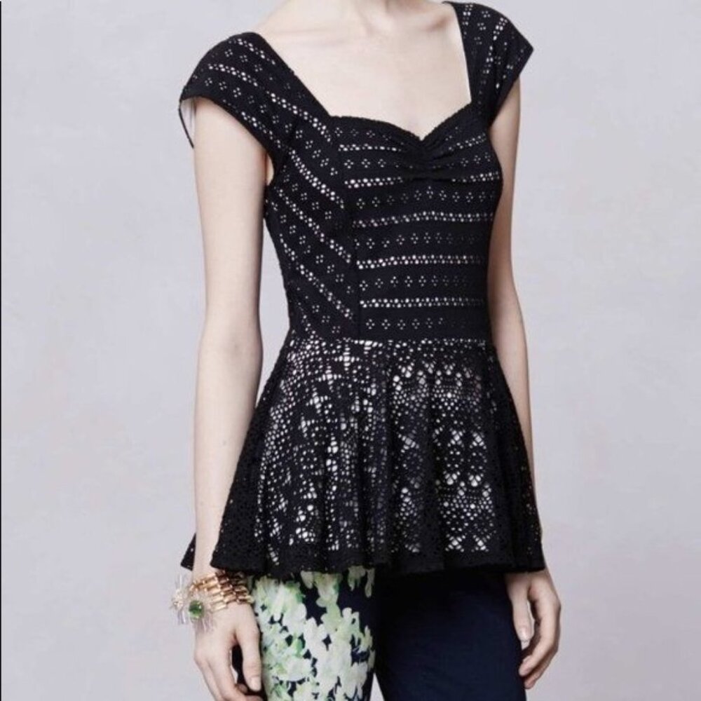 Anthropologie Postmark Swing Lace Peplum Top Black Size Large
